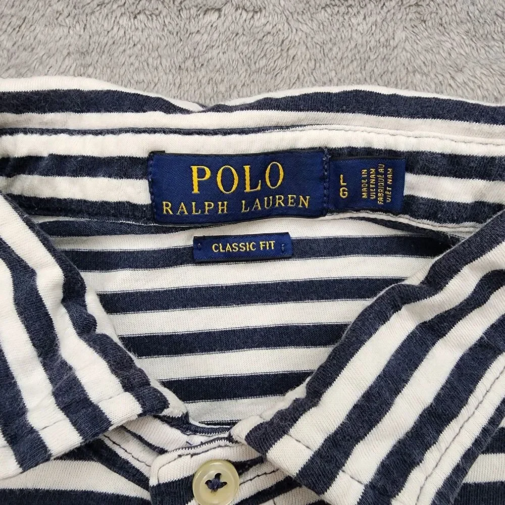 Polo Ralph Lauren Mens L Classic Fit Navy And White Striped Pocket 100% Cotton